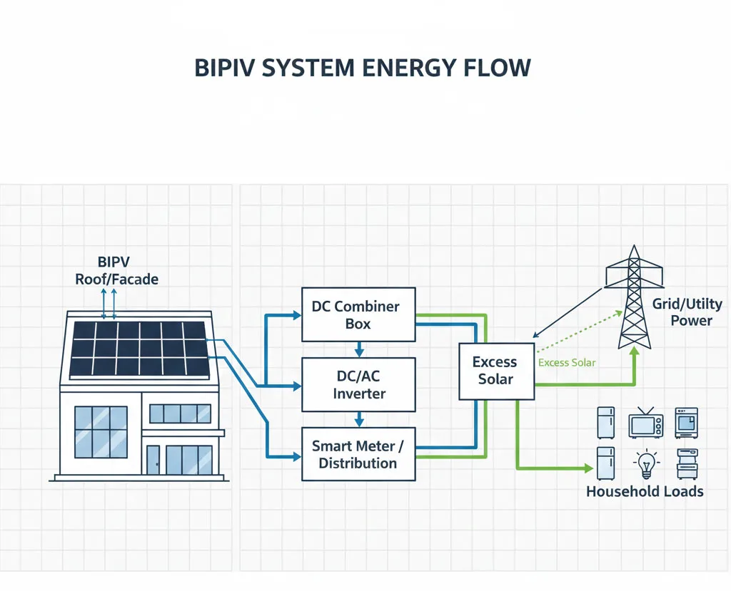BIPV system diagram showing energy flow from solar roof to inverter and grid.