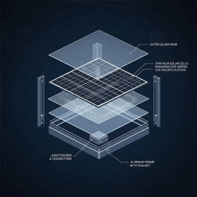 A high-tech exploded view diagram of a BIPV facade showing glass, cells, wiring, and frame