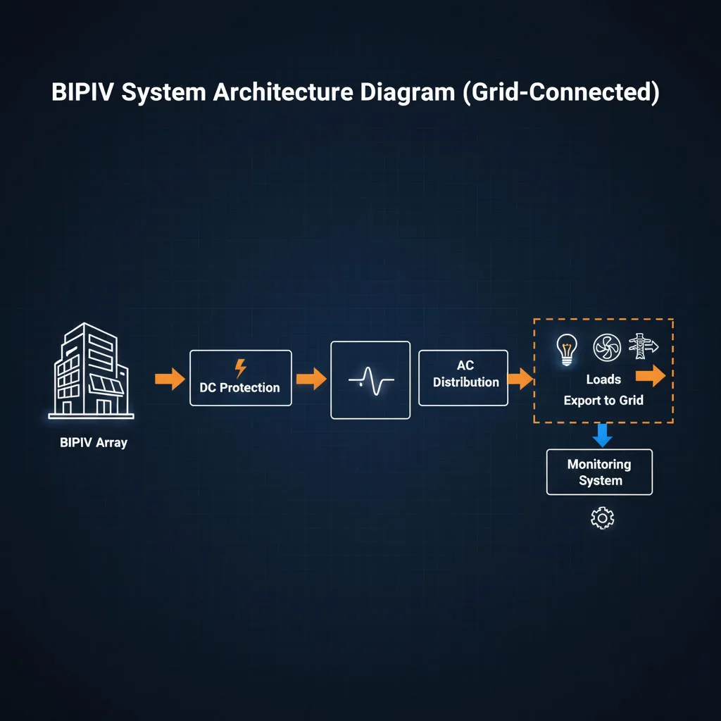 Grid-connected BIPV system architecture with DC and AC balance-of-system components.