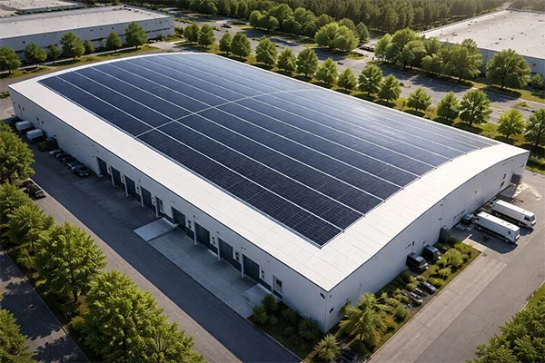 Flexible BIPV membrane or thin-film layer installed on a lightweight industrial roof.