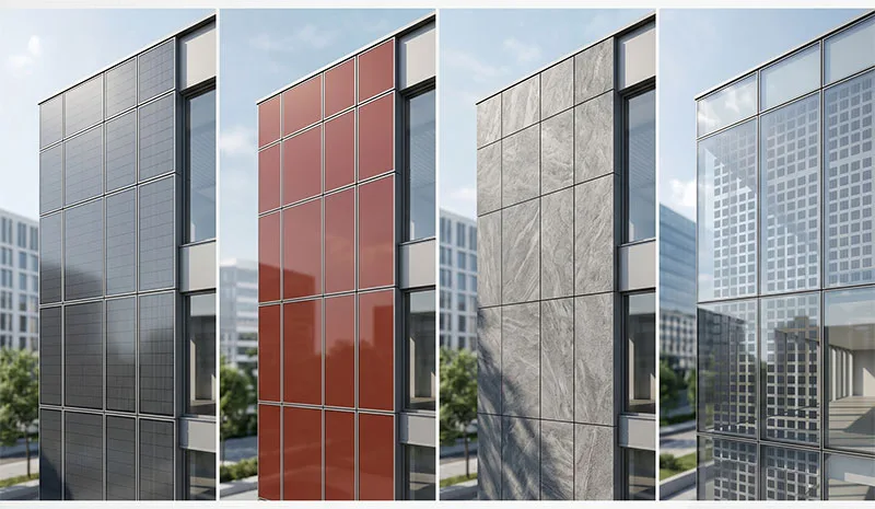Typical facade system routes, including cladding, colored surfaces, decorative finishes, and semi-transparent facade applications.