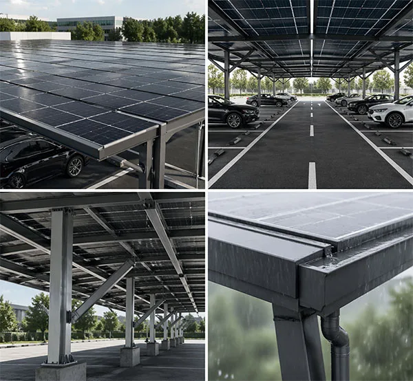 Typical elements within a BIPV solar carport system, including canopy structure, parking coordination, support logic, and durable outdoor integration.
