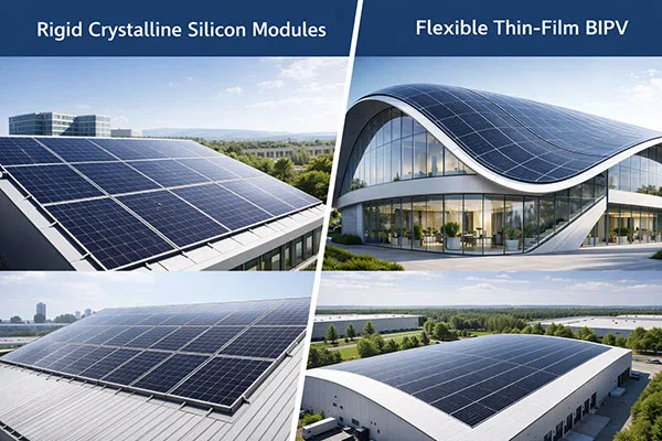 Comparison visual: rigid crystalline silicon modules vs flexible thin-film BIPV on different building surfaces.