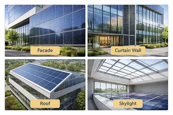 4-panel application visual: facade / curtain wall / roof / skylight