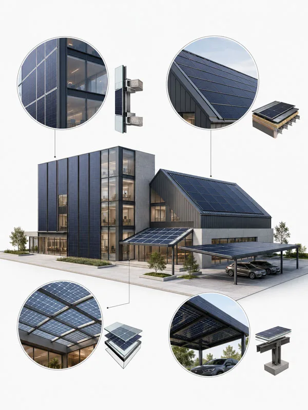 BIPV system route overview for facade roof glass and carport applications